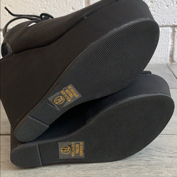 Black Faux Leather Open Toe Lace Up Platform Wedge - Picture 6 of 7